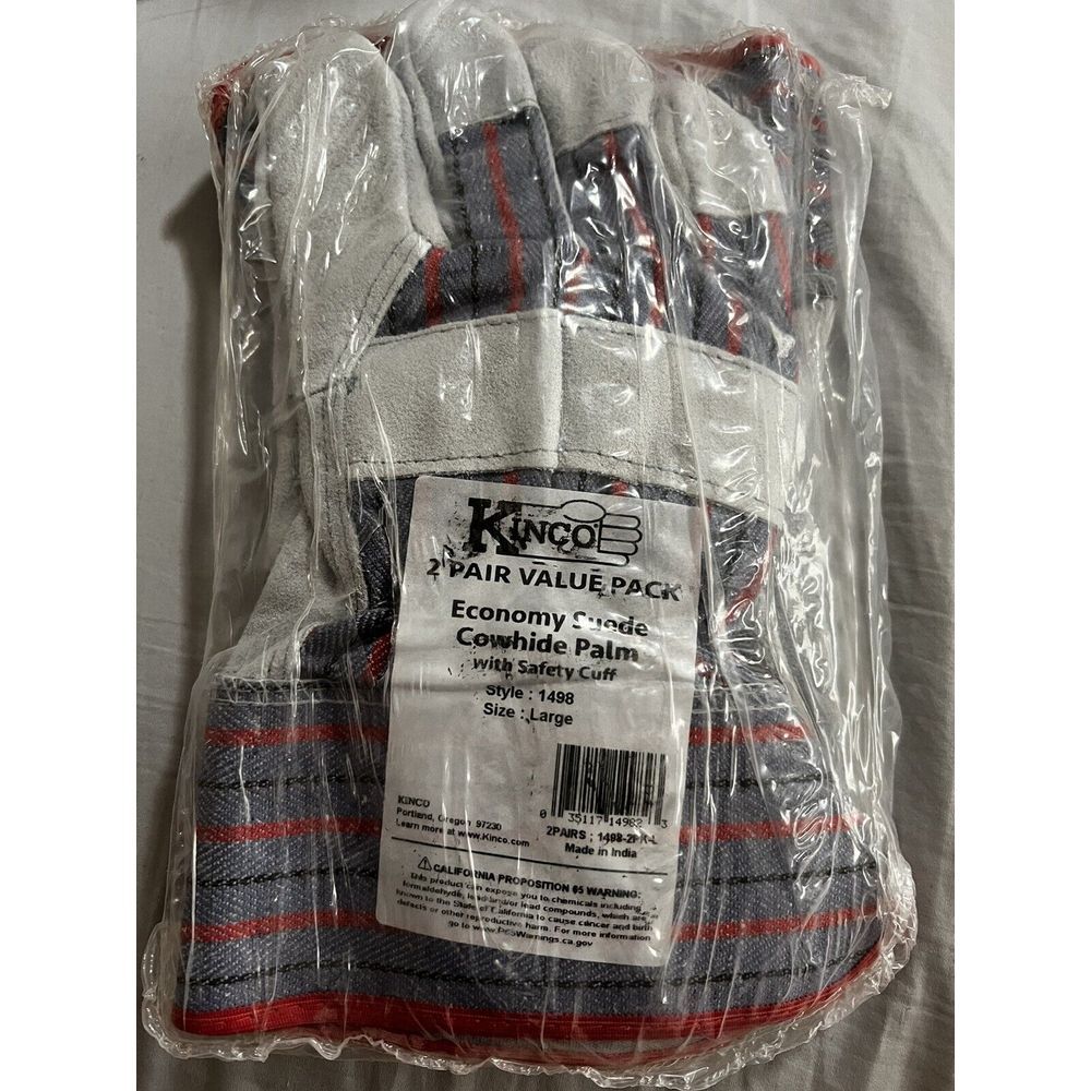 Kinco Economy Suede Cowhide Palm W/saftey Cuff‎ Large 1498 2pk
